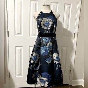 Blue brocade halter dress